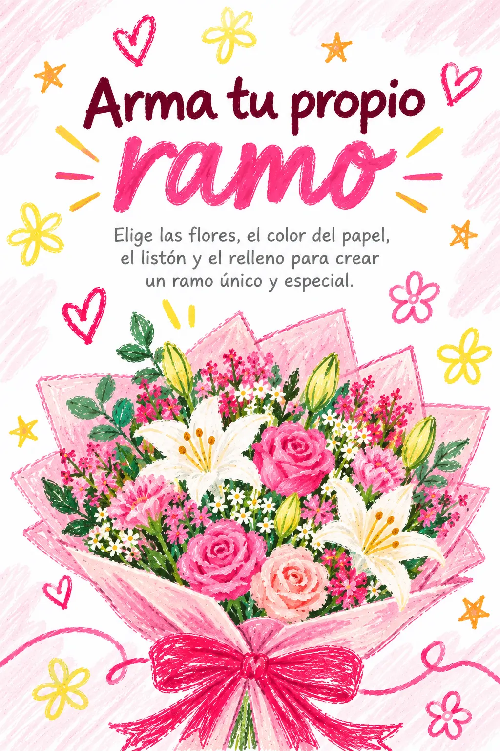 Arma tu propio ramo. Elige las flores, el color del papel, el listón y el relleno para crear un ramo único y especial.